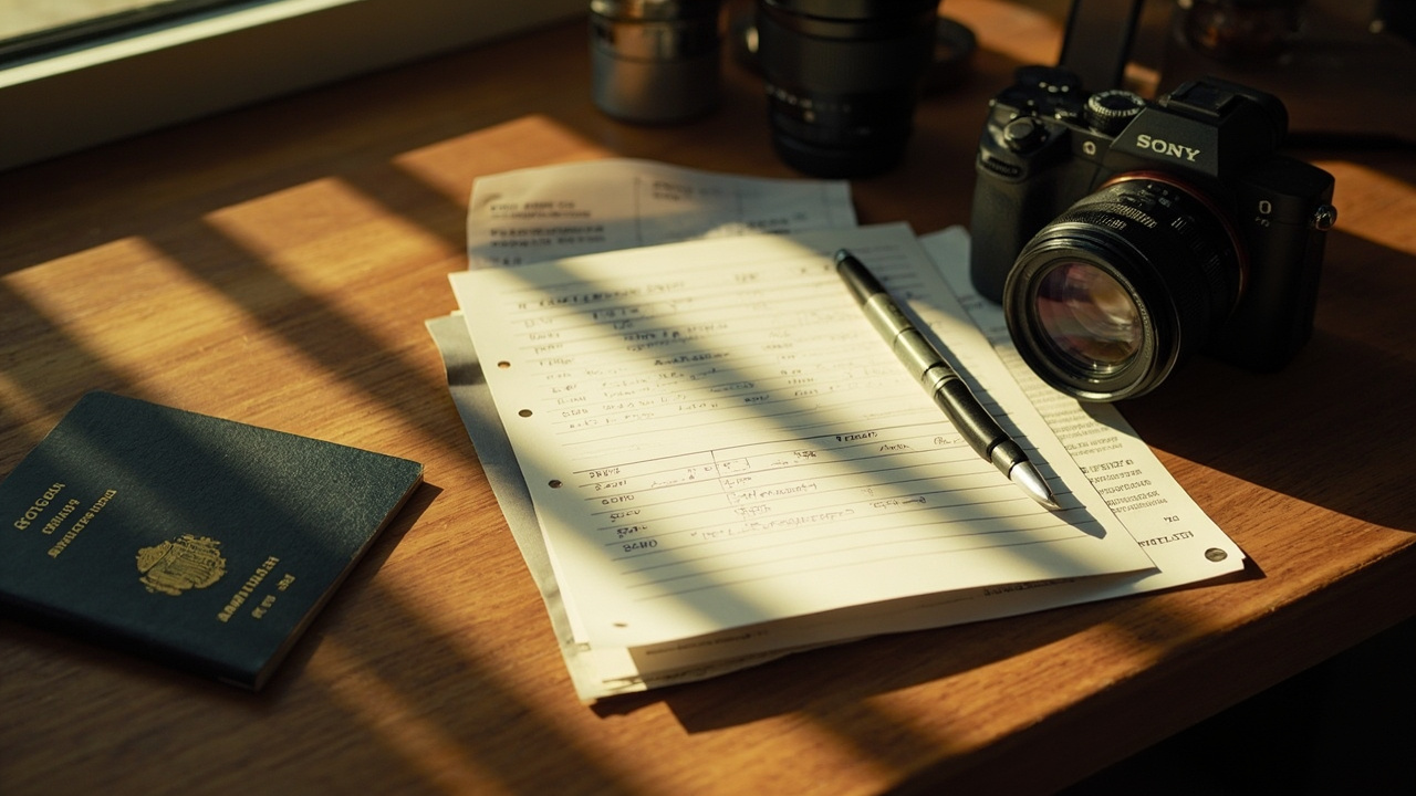 Close-up of a typed equipment inventory page beside a closed Australian passport and a small camera body on a warm wooden desk