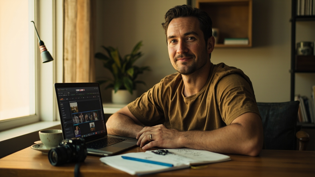 Australian photographer editing images at a hotel desk in Cambodia at warm afternoon light, laptop open, camera and notebook beside