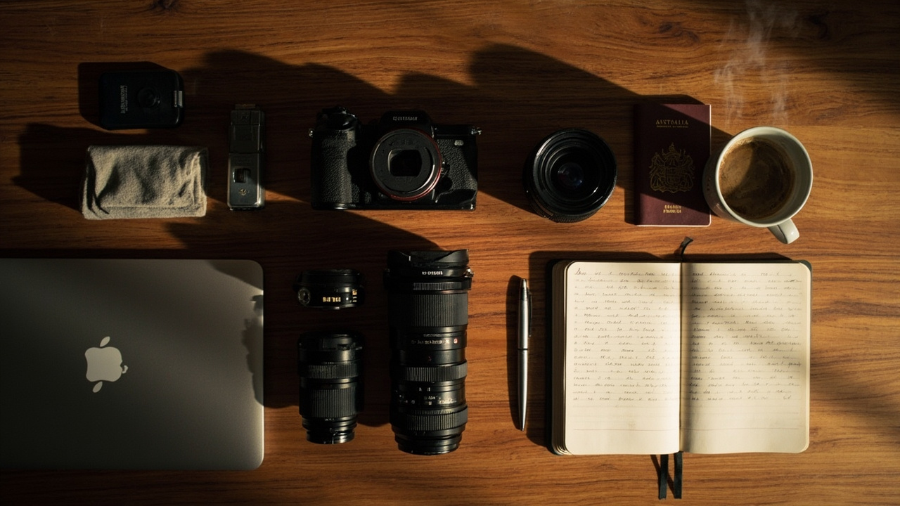 Overhead flat-lay of a working photographer's kit including mirrorless camera, three prime lenses, audio recorder, laptop and an Australian passport