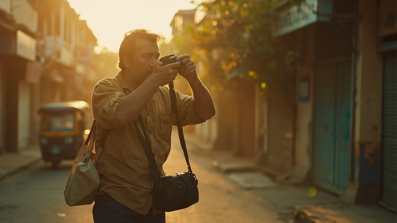 Australian photographer working on a quiet Phnom Penh street at warm morning light, mirrorless camera raised mid-shot, small kit bag at hip
