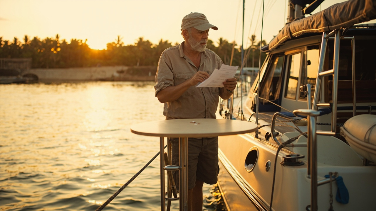 Australian sailing yacht moored at Sihanoukville harbour in Cambodia at warm golden-hour light with the skipper preparing entry paperwork on deck
