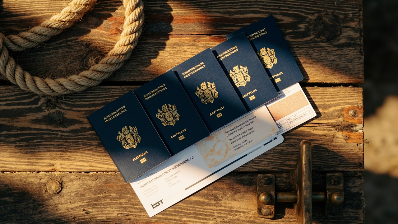 Overhead flat-lay of four Australian passports, four printed visa PDFs and four e-Arrival Card references arranged on a weathered wooden jetty plank