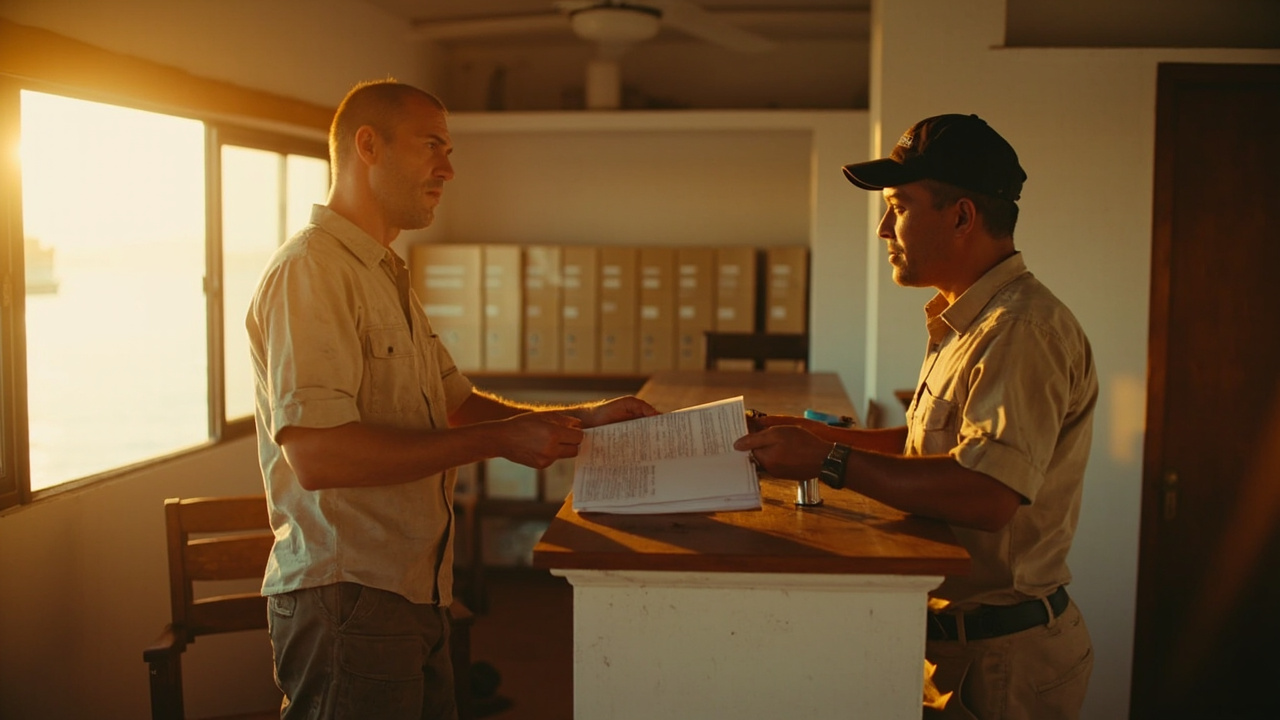 Australian yacht skipper handing over entry paperwork at a modest harbour master office counter in Sihanoukville at warm morning light