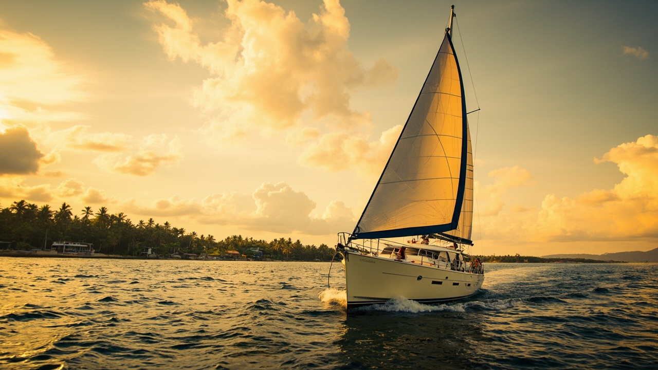 Sailing yacht approaching the tropical Cambodian coast at warm golden-hour light, calm water and palm-fringed shoreline in the distance