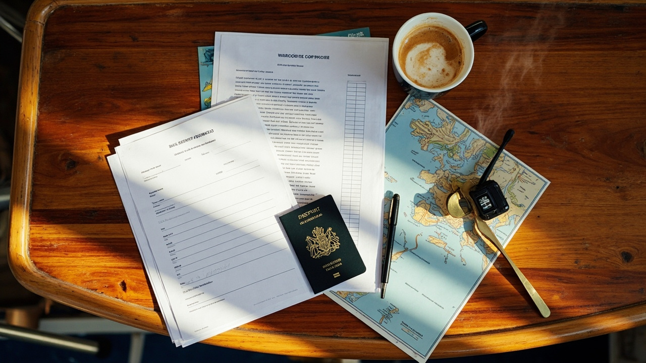 Close-up flat-lay of yacht entry paperwork including crew list, vessel registration, an Australian passport and a folded chart on a warm timber cockpit table