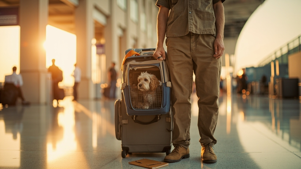 Australian traveller in their 30s at an airport departure area calmly holding a small companion dog in an IATA-approved soft carrier, warm morning light