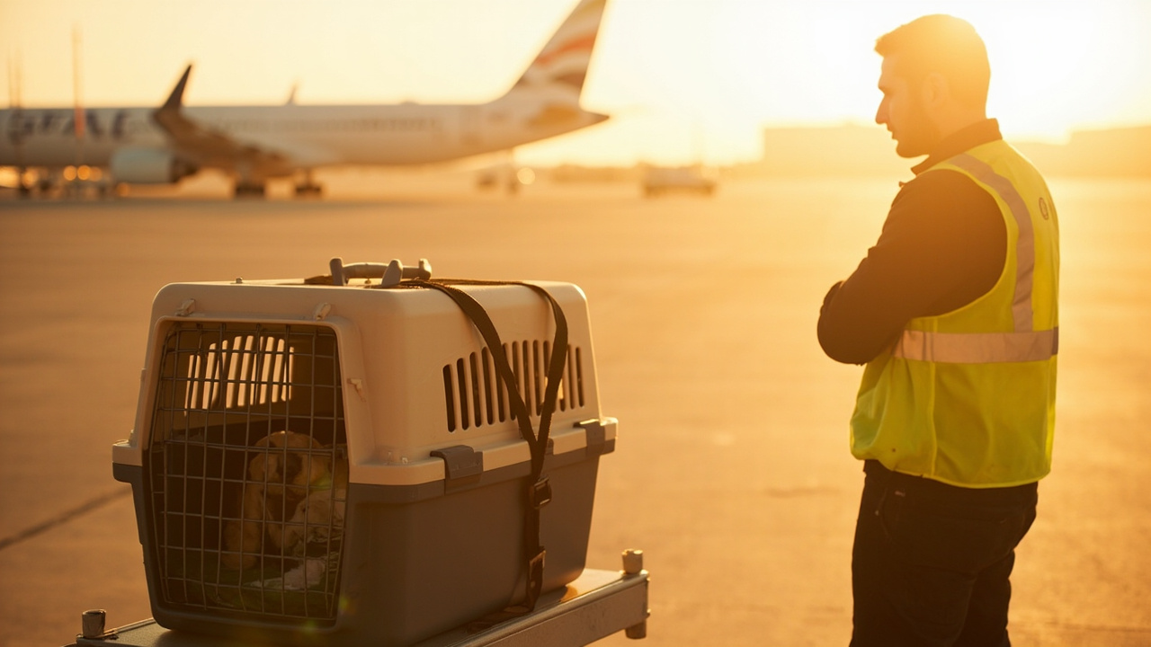 IATA-approved hard-sided pet carrier on a generic baggage cart at a warmly lit airport tarmac at sunrise, calm composed scene without airline branding