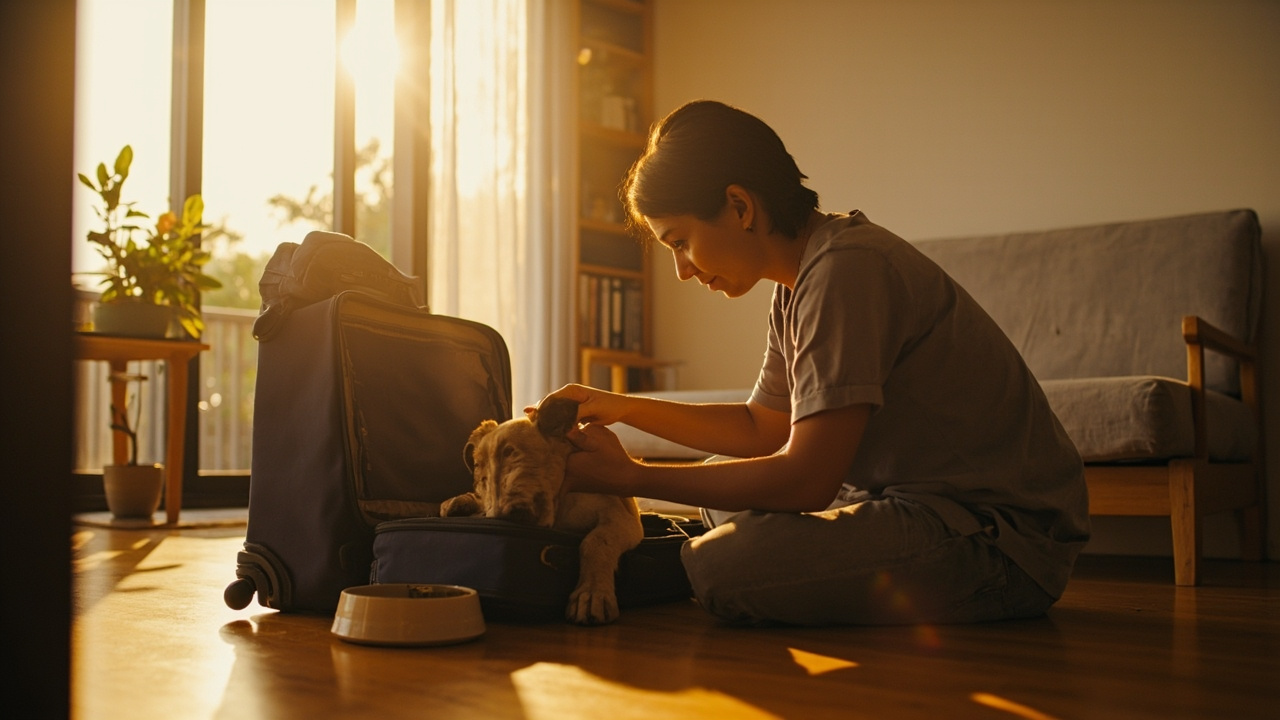 Australian owner unpacking with their calm dog in a warm-lit Phnom Penh apartment after arrival, suitcase open and water bowl on the floor