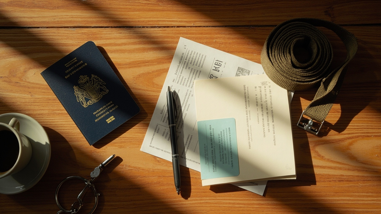 Overhead flat-lay of Australian passport, generic veterinary health certificate, rabies vaccination card and IATA pet carrier strap on warm wooden desk