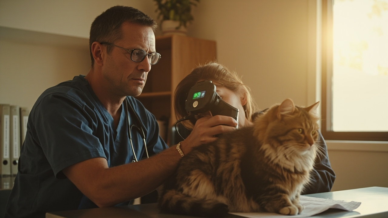 Australian vet scanning an ISO microchip on a calm tabby cat at a suburban clinic table, owner gently steadying the cat