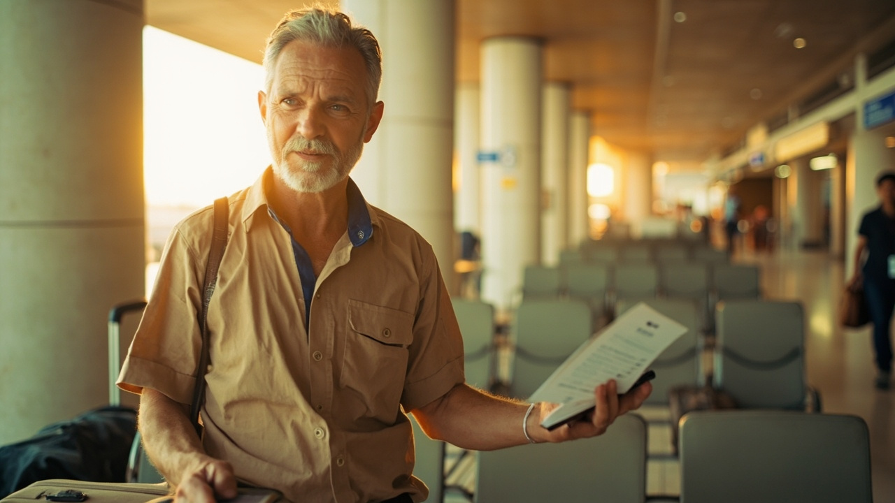 Deaf Australian traveller in their 30s reading a visual flight-information display on a phone at a warmly lit airport gate, calm and self-assured