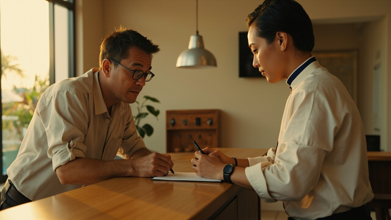 Australian traveller writing a request on a notepad at a calm Cambodian boutique hotel front desk, friendly staff reading the note