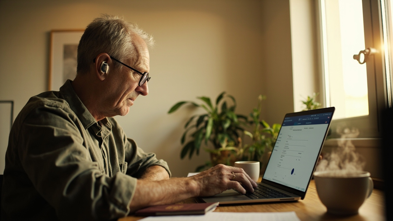 Australian traveller filling out a fully visual visa application form on a laptop at a warm home desk by a window in soft afternoon light