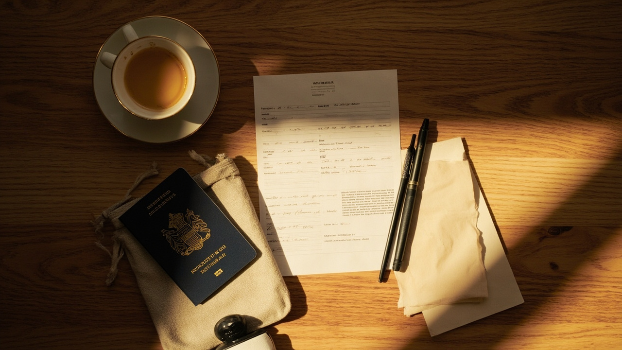 Overhead flat-lay of Australian passport, printed eVisa PDF, notebook with handwritten trip plan and ceramic tea cup on warm wooden desk