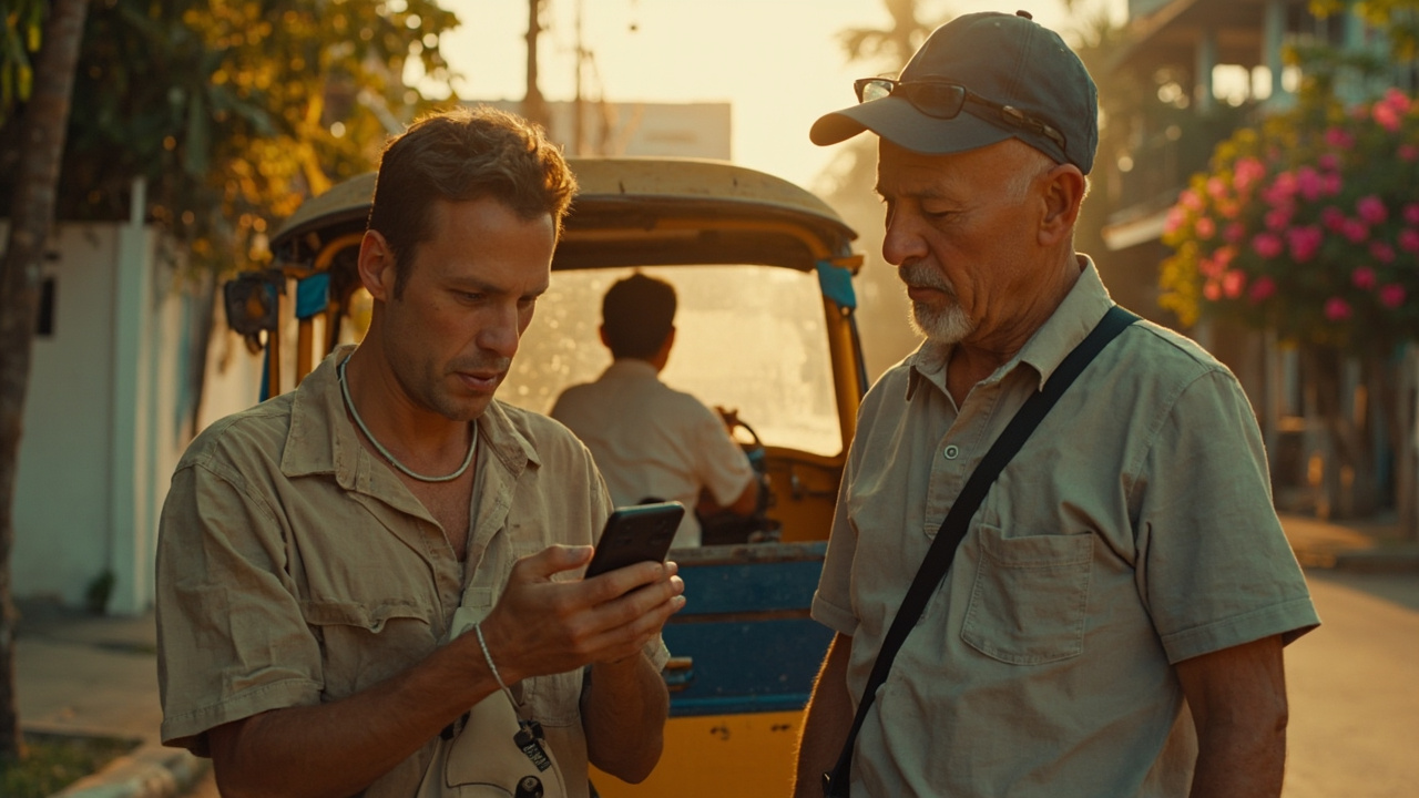 Australian traveller showing a typed destination address on a phone screen to a calm Cambodian tuk-tuk driver on a warm Phnom Penh street