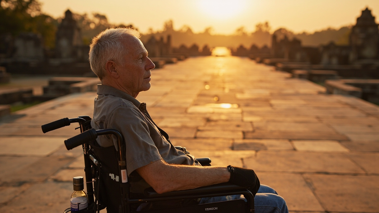 Australian wheelchair traveller paused on a smooth flagstone courtyard at a Cambodian temple at golden hour, calm composed expression, distant carved towers softly out of focus