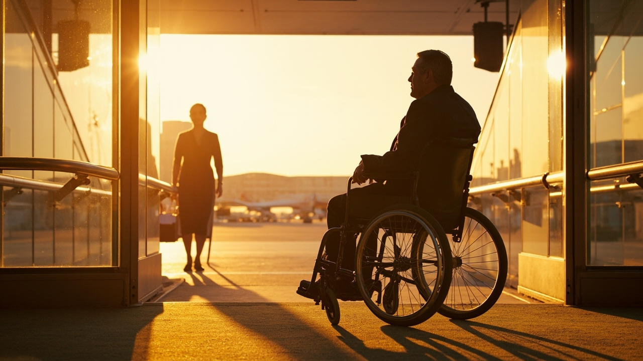 Australian wheelchair traveller about to roll across a generic modern airport jetbridge at warm golden-hour light, calm focused composition, no airline branding