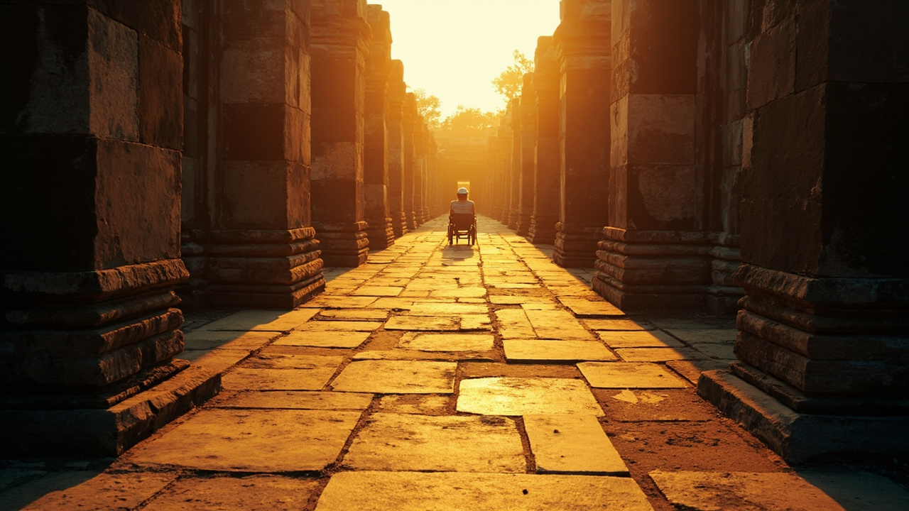 Wide editorial view of a Cambodian temple causeway with a smooth ramped pathway alongside ancient stone, warm golden-hour light, no recognisable signage