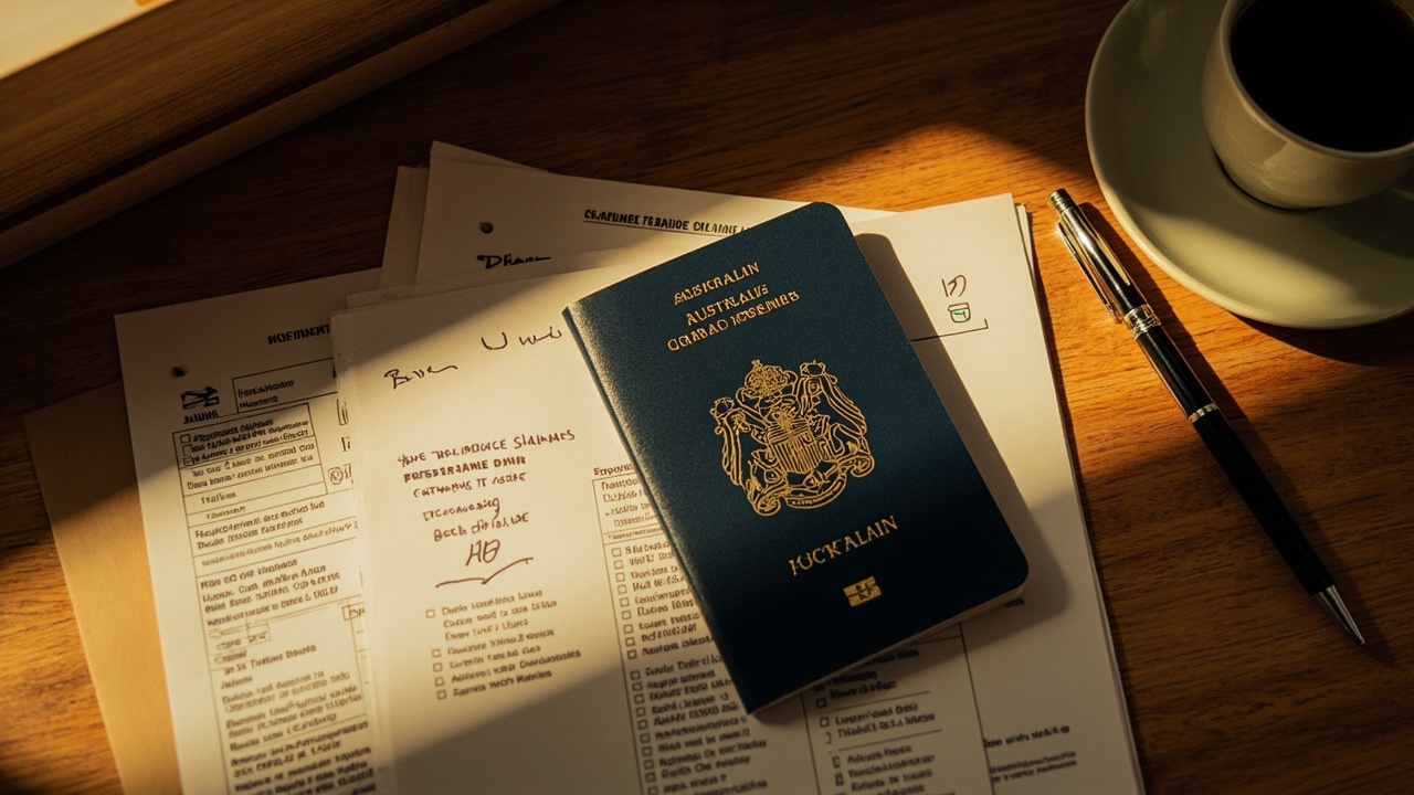 Overhead flat-lay of closed Australian passport, paper insurance schedule with mobility-aid checklist, notebook and pen on warm wooden desk