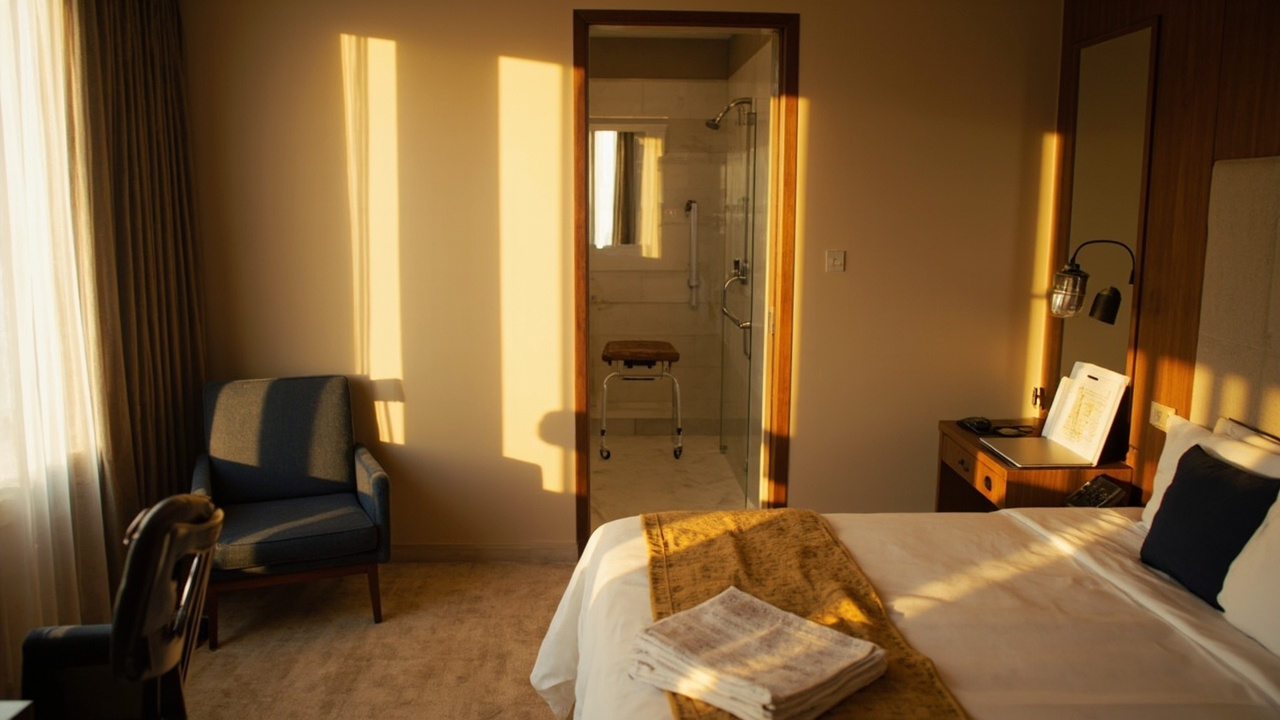 Generic warm-lit modern hotel room interior with accessible roll-in shower visible through open doorway, no recognisable hotel branding