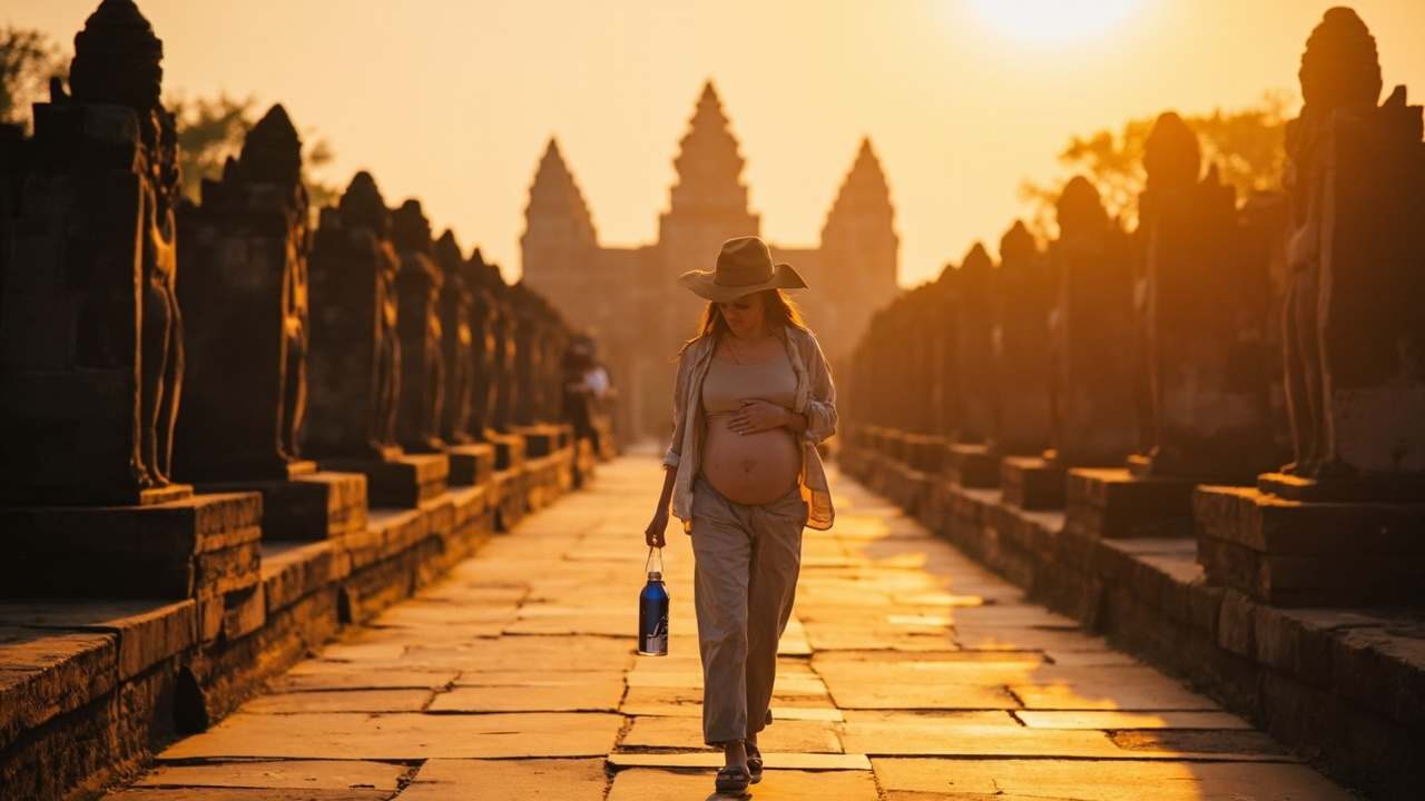 Australian pregnant traveller walking calmly along an ancient temple causeway in Cambodia at golden hour, hat and water bottle, peaceful composition