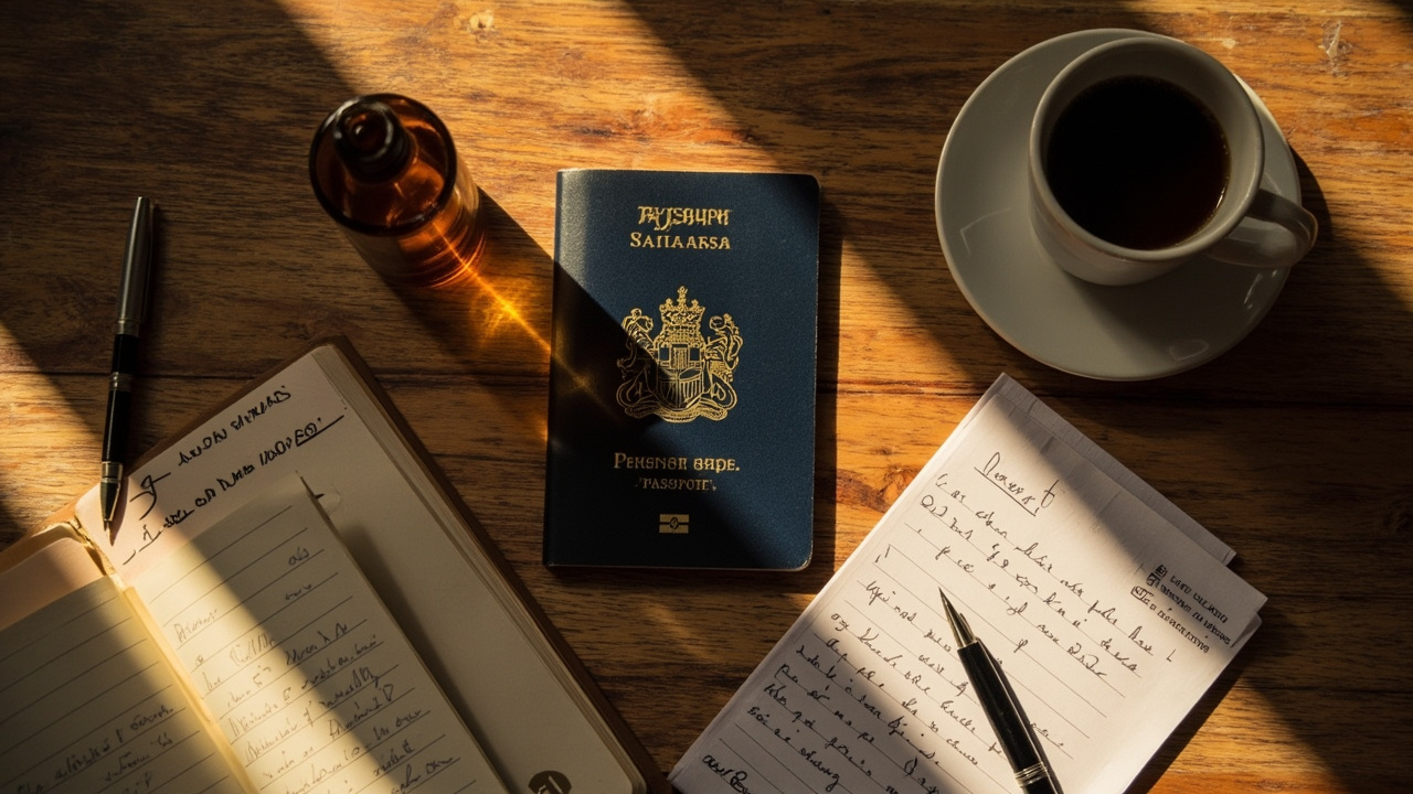 Overhead flat-lay of closed Australian passport, mosquito repellent bottle without legible labels, small notebook and pen on warm wooden desk