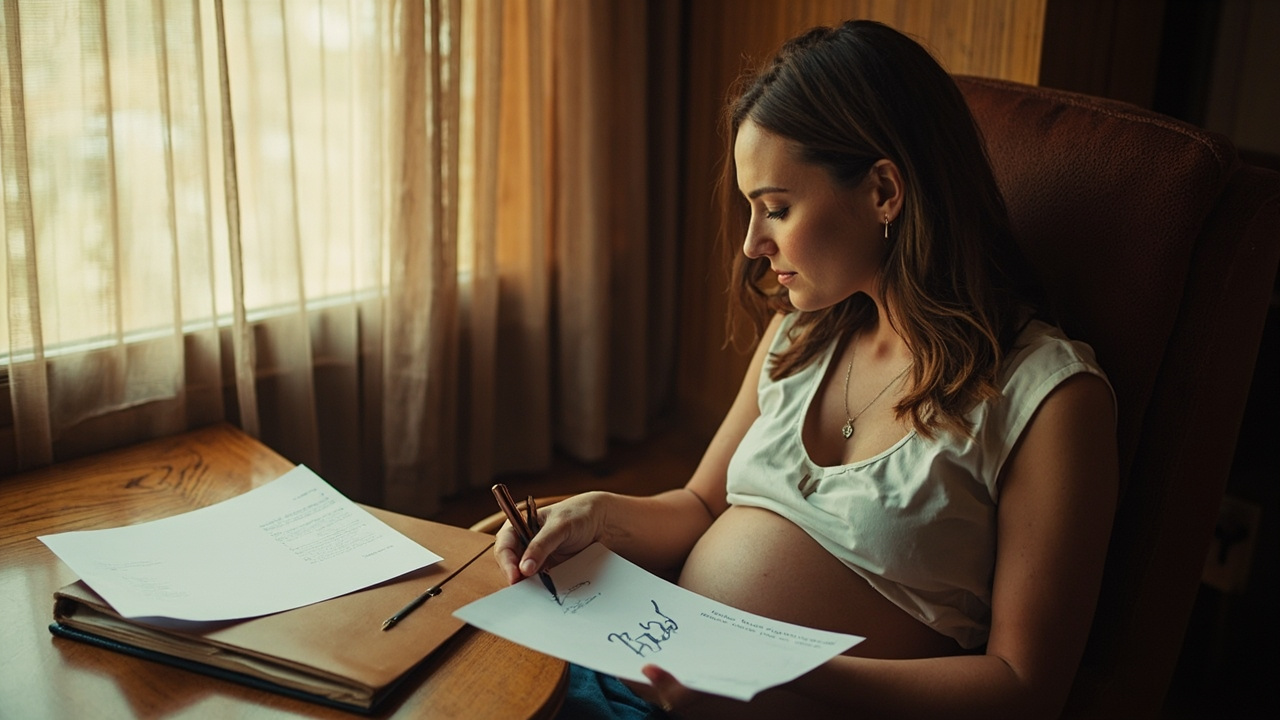 Pregnant Australian traveller reading a medical clearance letter at a warm timber desk, calm focused composition, no recognisable medical or insurer branding