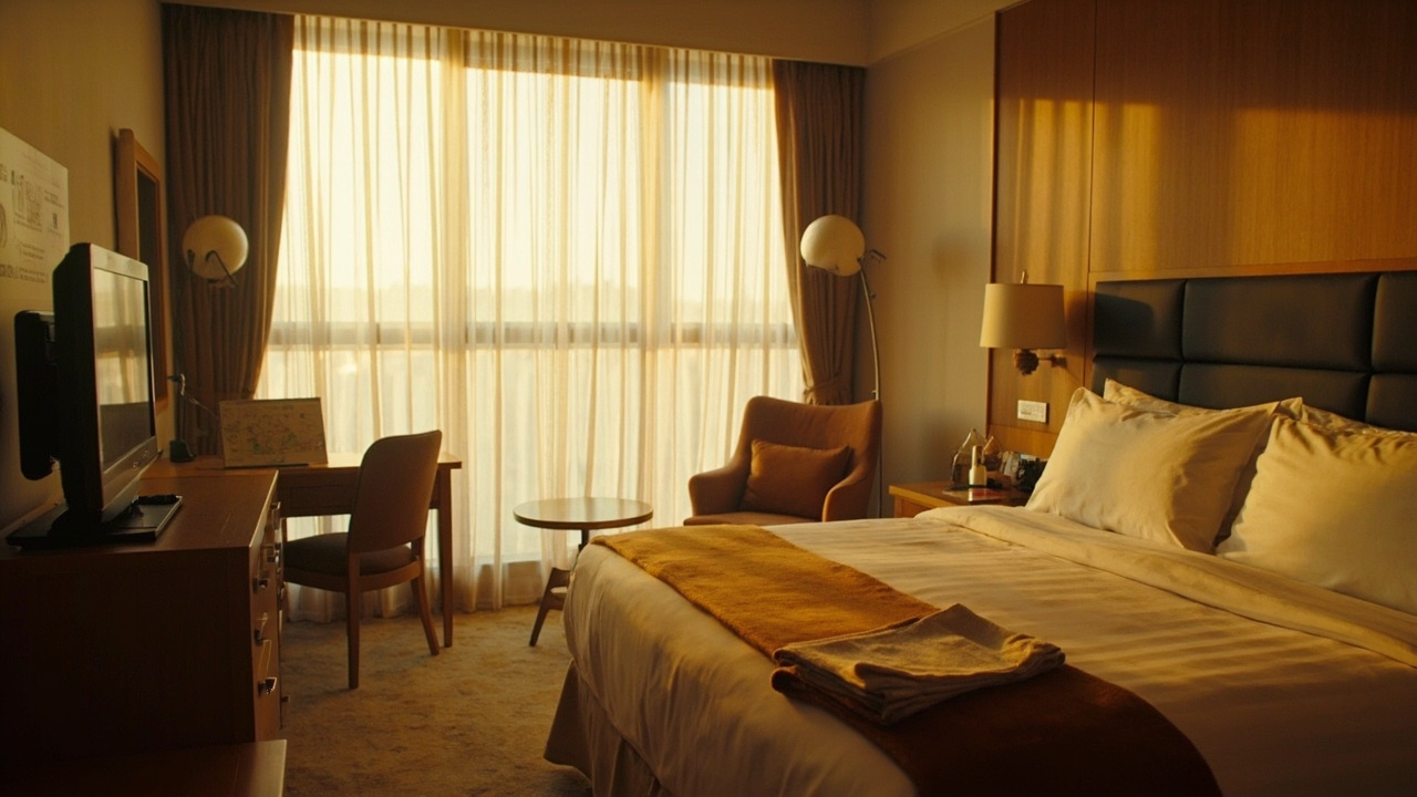 Generic warm-lit modern hotel room interior with sheer curtains, neatly made bed and a folded soft throw, peaceful late-afternoon composition