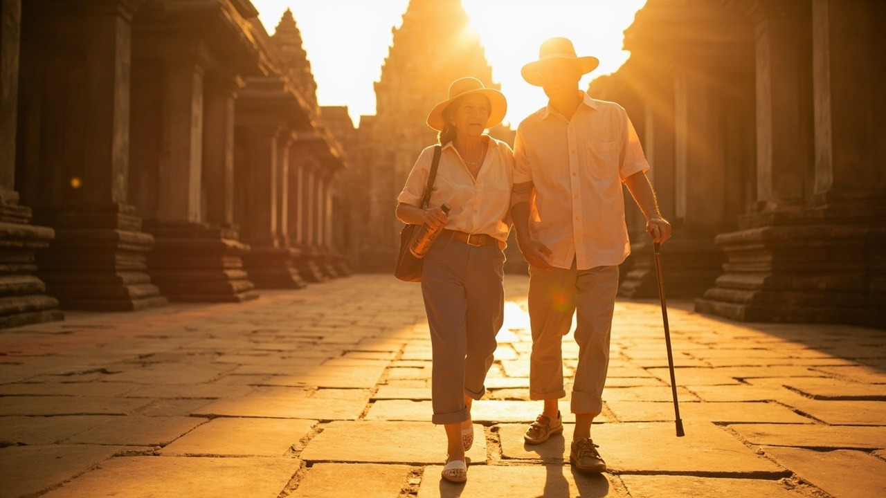 Australian couple in their late 60s walking calmly through a sunlit Cambodian temple courtyard at golden hour, sun hats and walking sticks, peaceful unhurried composition