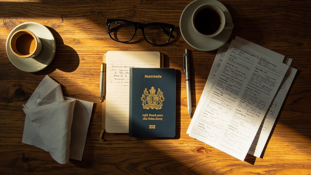 Overhead flat-lay of closed Australian passport, small notebook with handwritten budget breakdown, reading glasses and pen on warm wooden desk