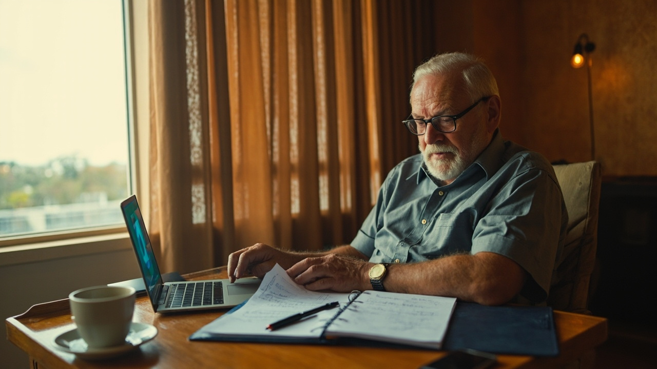 Australian senior traveller in his late 60s completing online insurance medical screening at a warm timber desk, GP summary papers nearby, calm focused composition