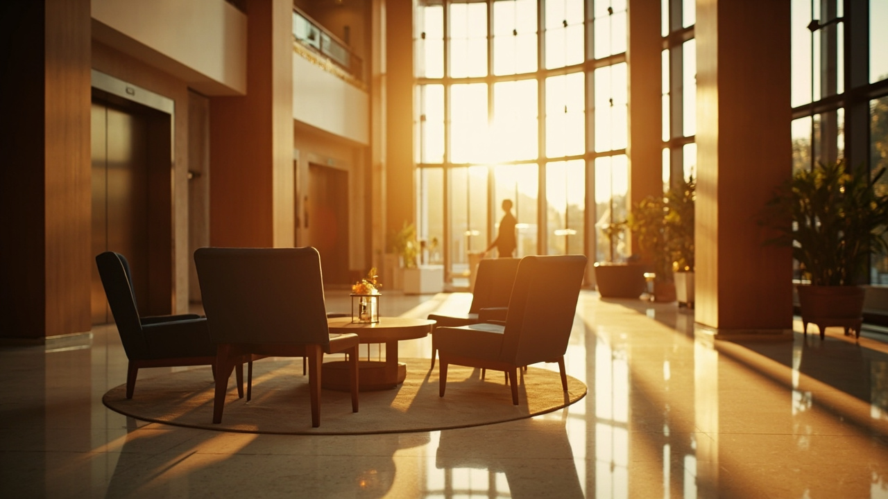 Wide editorial view of a generic four to five-star hotel lobby in warm golden-hour light, sleek timber and stone interior, no recognisable hotel branding