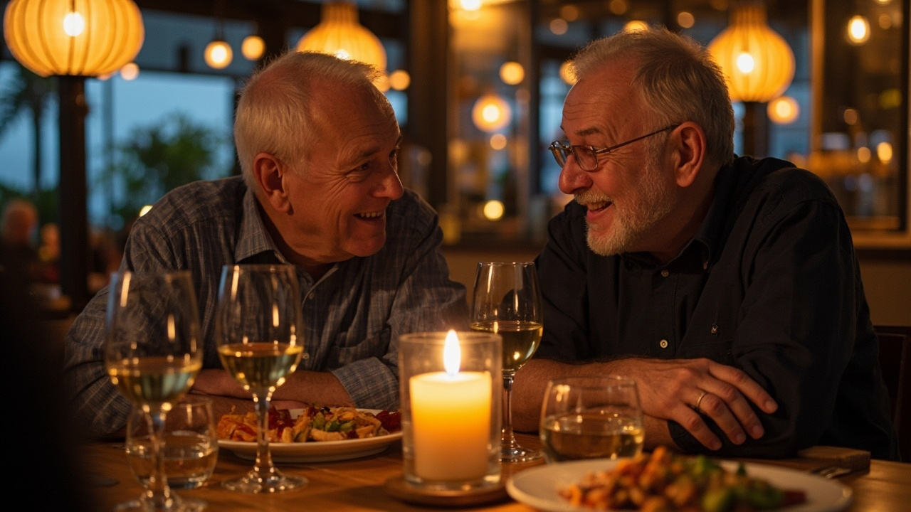 Australian senior couple seated at a warm-lit restaurant table in the evening, relaxed conversation, soft natural lighting, no recognisable branding