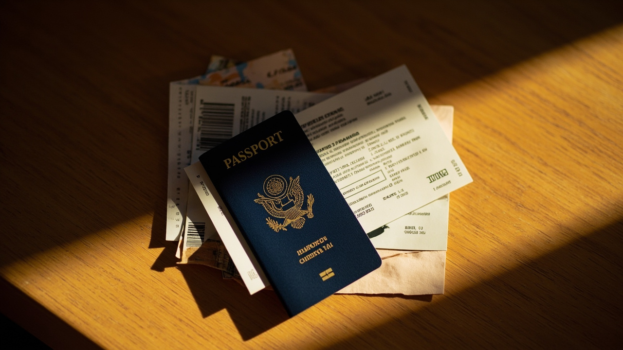 Un pasaporte estadounidense azul junto a un PDF impreso de la visa electrónica para Camboya y una tarjeta de embarque sobre un cálido escritorio de madera bajo la luz dorada del atardecer.