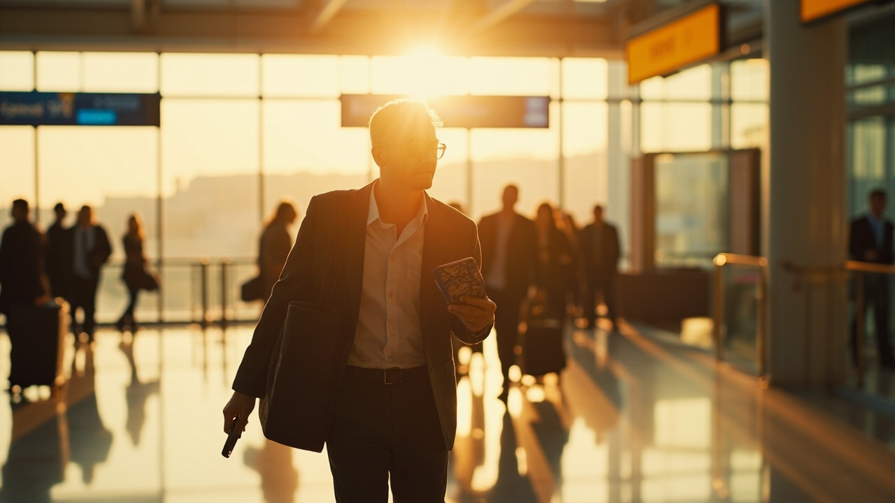 American traveler with a carry-on walking through a soft-focus modern airport terminal at golden hour, holding a passport and phone