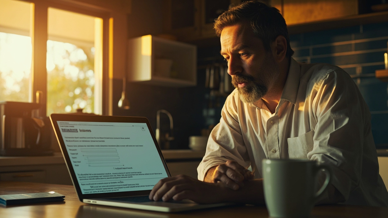 American traveler in their late 30s applying for a Cambodia eVisa on a laptop at a sunlit kitchen counter in a US home