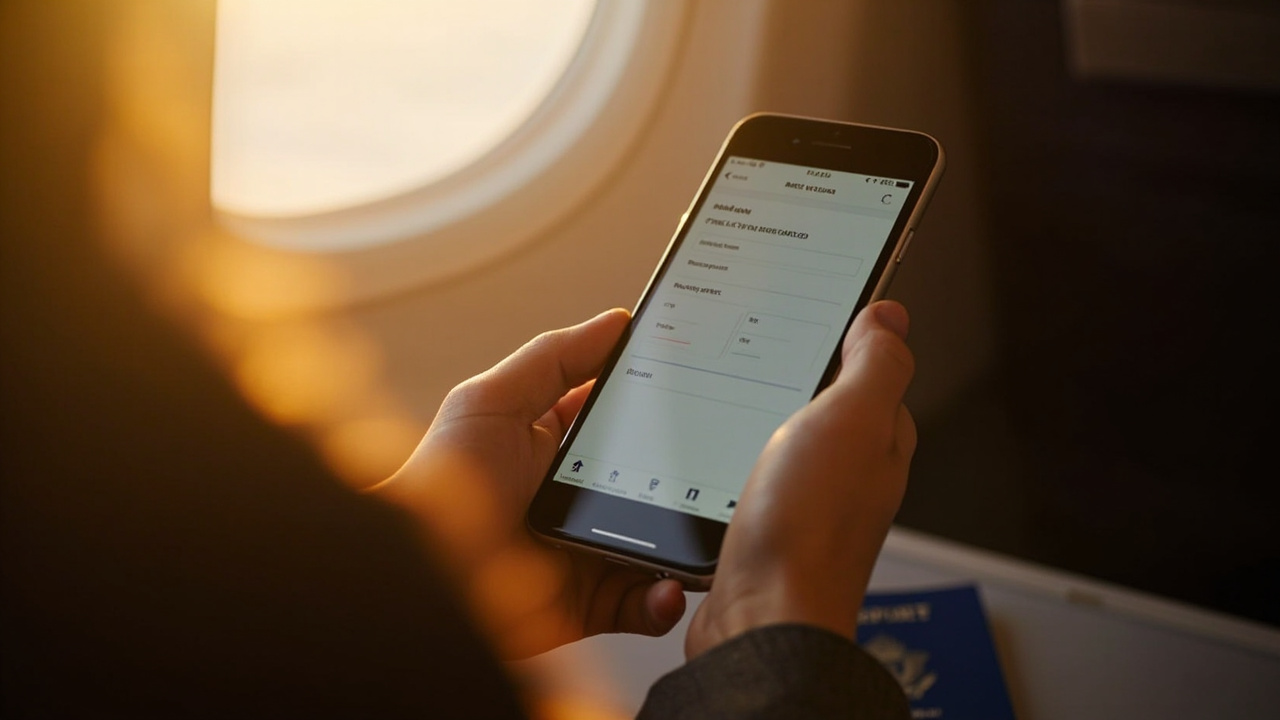 Hands holding a smartphone showing a generic arrival-form app beside an airplane window with warm light coming through