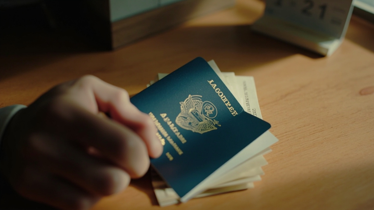 Close-up of an open blue US passport on a wooden desk with a hand checking the photo page near a small calendar