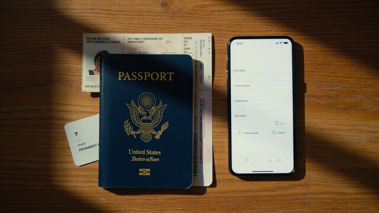 Overhead flat-lay of a blue United States passport, an onward flight ticket, and a smartphone showing a generic application form on a warm wooden desk