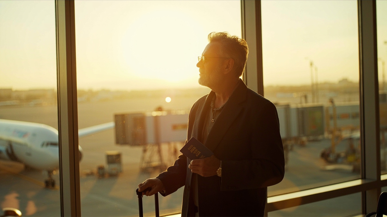 American traveler in their late 30s with a carry-on at a sunlit US airport terminal window, holding a blue passport at golden hour