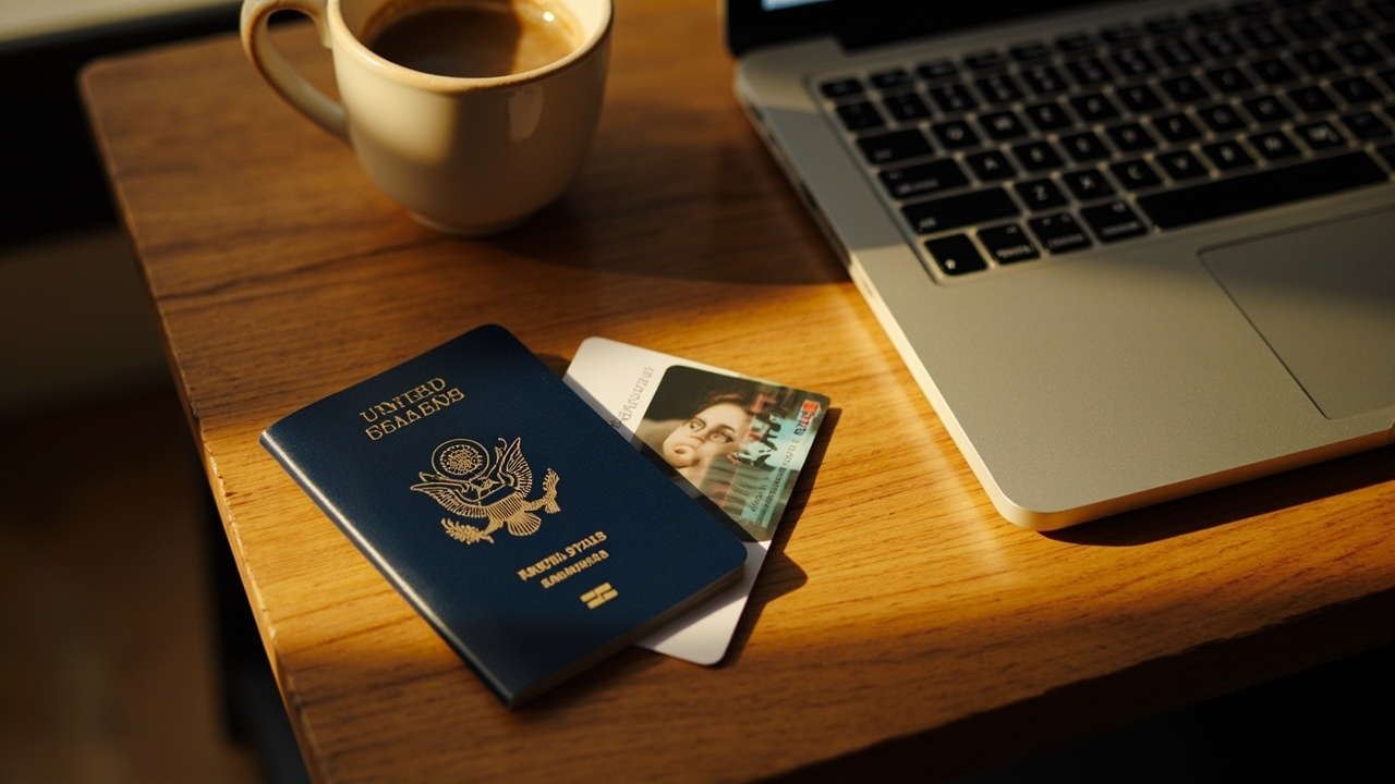 Flat-lay of a blue United States passport, a printed headshot on a white card, a payment card, and a laptop showing a generic checkout screen
