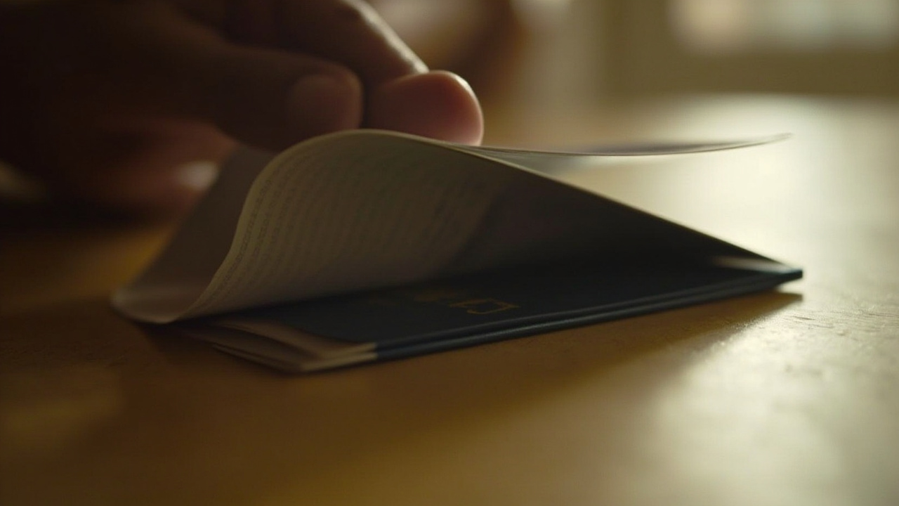 Close-up of an open blue United States passport on a warm wooden table with a hand turning to a blank visa page in soft daylight
