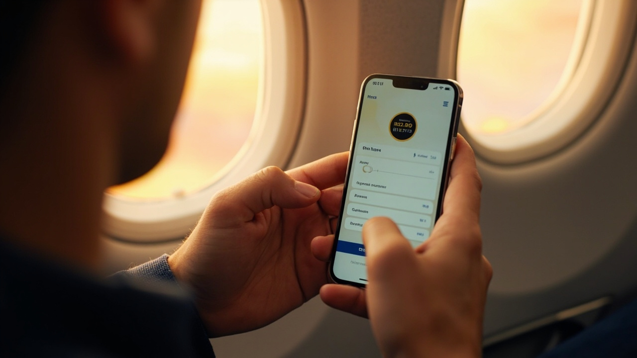 Hands holding a smartphone showing a generic multi-field arrival form, with an airplane window and warm clouds blurred in the background