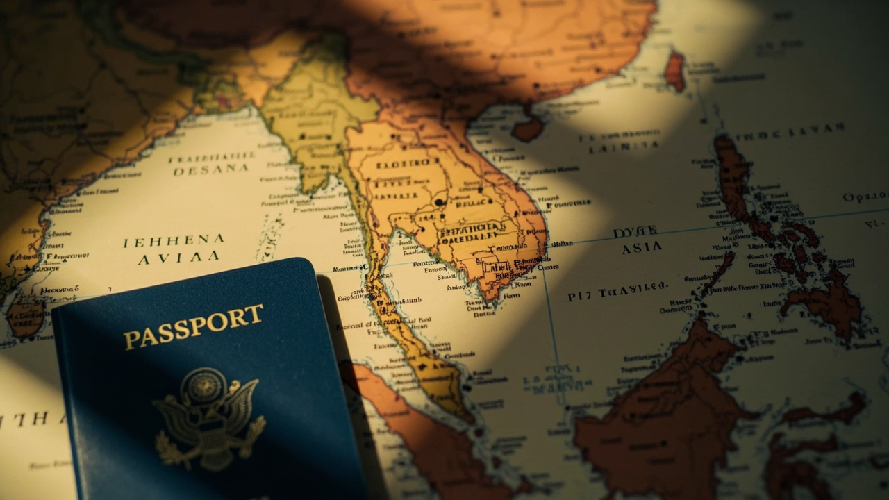 世界地図の東南アジア部分を拡大表示。ASEAN加盟国が薄くハイライトされ、その横にはビザ免除対象外と記された小さな米国パスポートが置かれている。