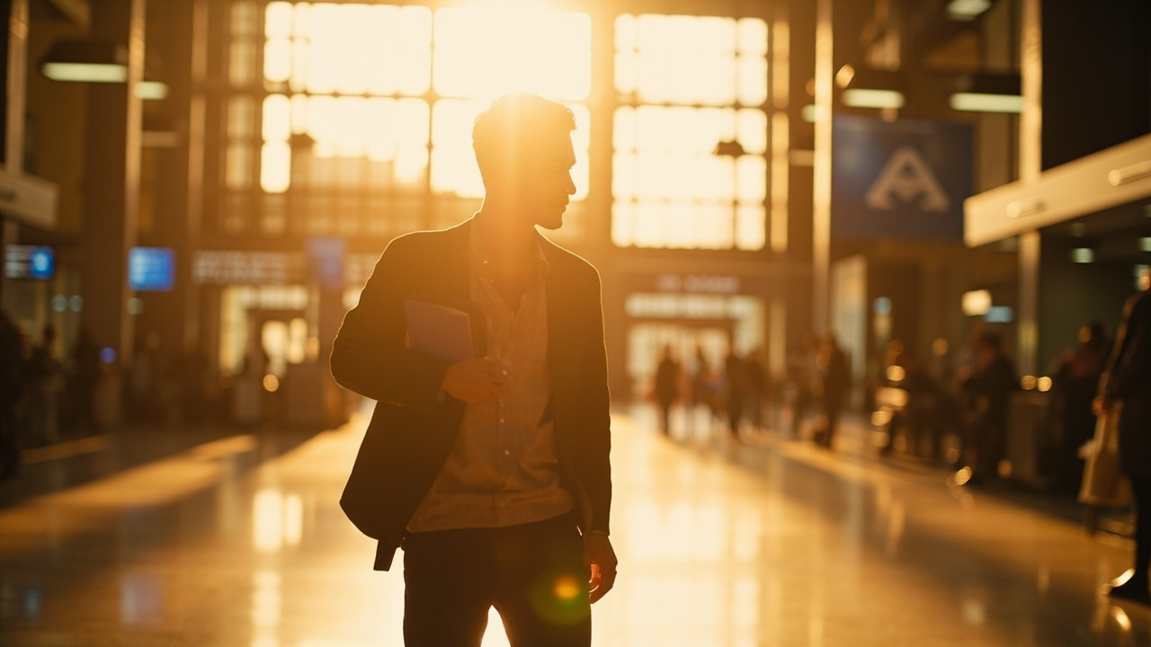 A relaxed Southeast Asian traveler walking through a sunlit border arrivals hall with only a passport in hand, evoking visa-free entry
