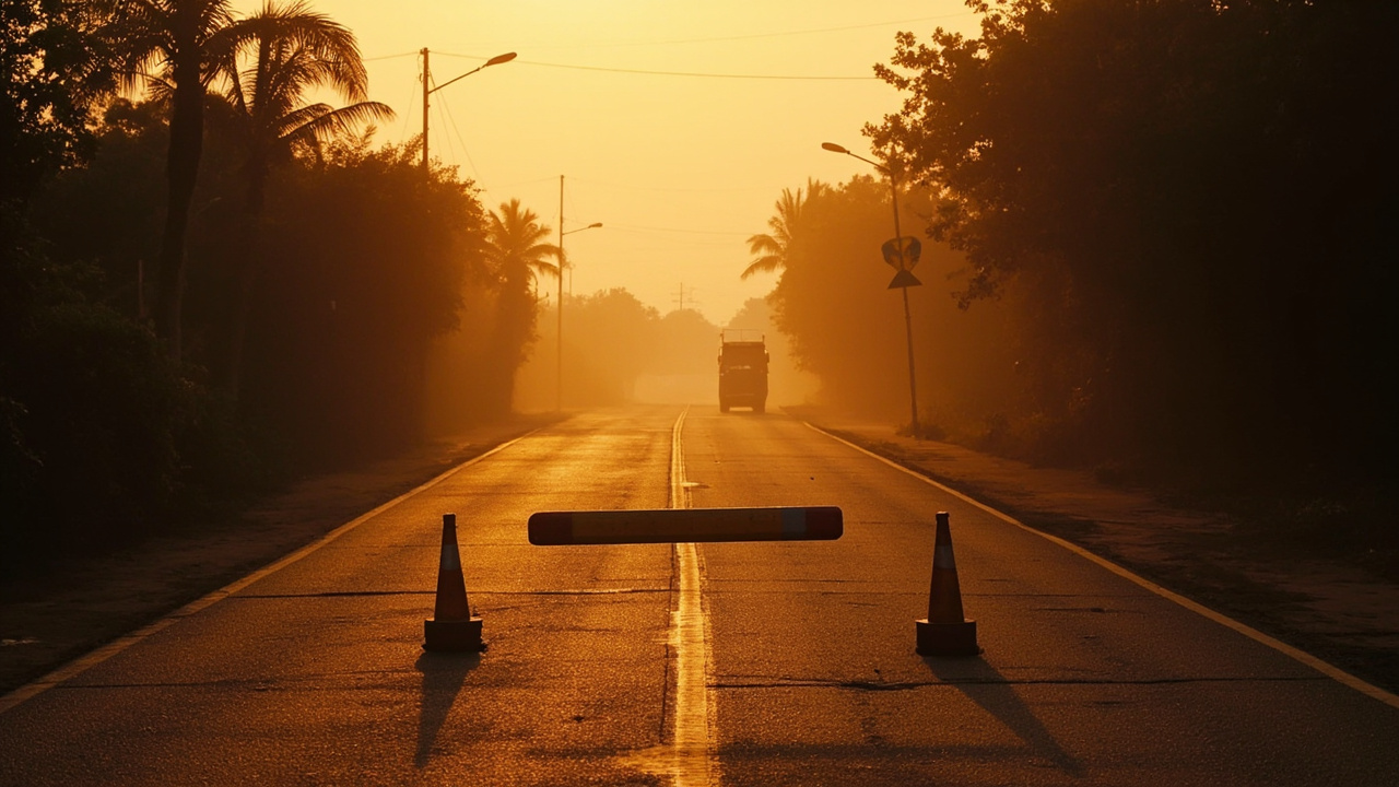 A quiet, empty land-border road at golden hour with a lowered barrier, suggesting a closed crossing between Thailand and Cambodia