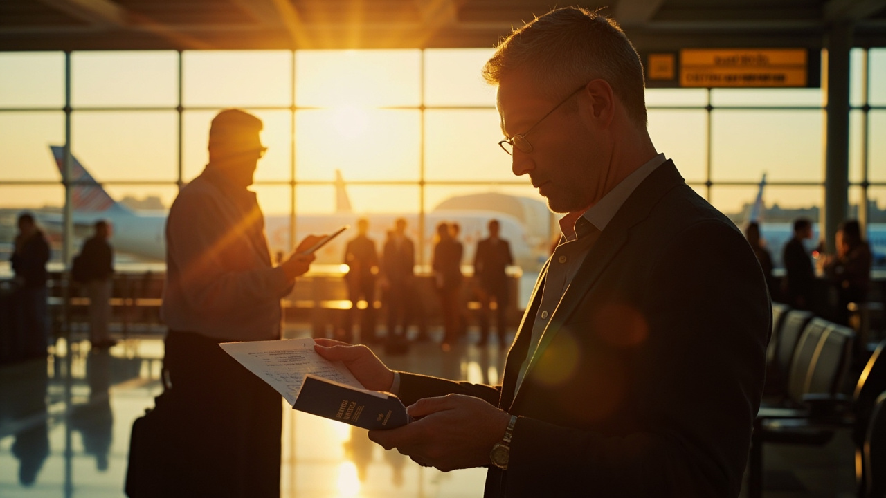 American traveler at a US airport departure gate presenting a blue US passport and a folded printout to a gate agent just off-frame