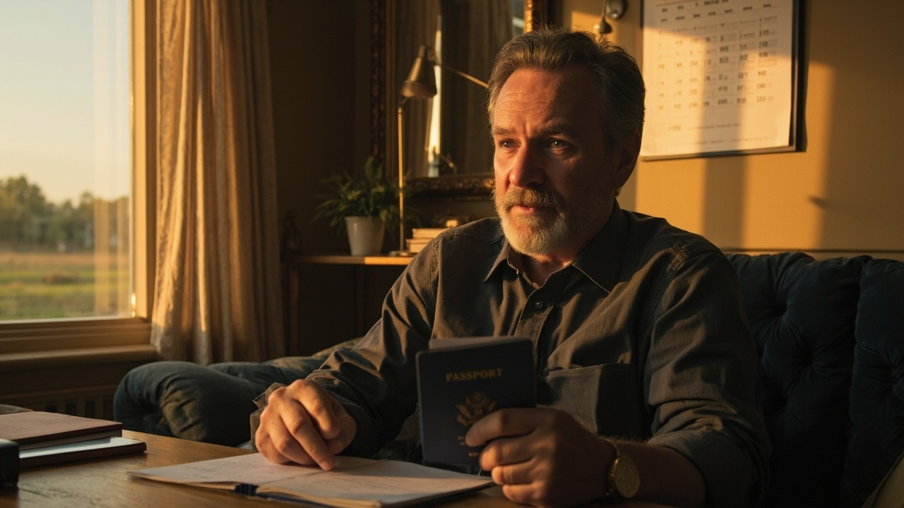 American traveler at a sunlit home desk checking a blue US passport expiry date against a wall calendar while planning a trip