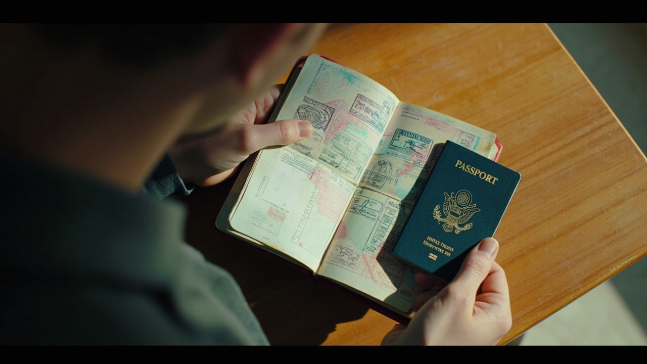 Hands fanning through the visa pages of a well-traveled blue US passport on a wooden table, mixing stamped pages with one clean blank page