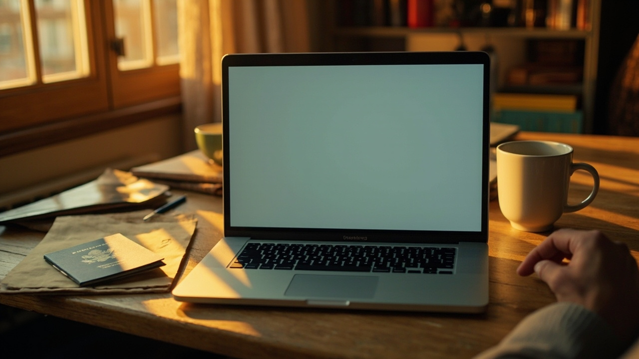 American at a home desk with an open laptop, a blue US passport, and a mailing envelope, planning a passport renewal at golden hour